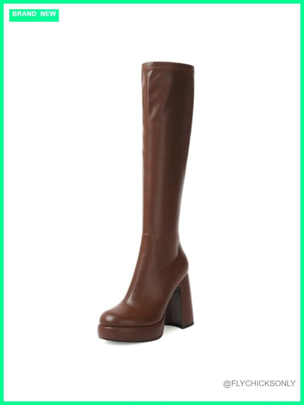 Platform Knee High Boots Chunky Heel Rounded Toe Tall Elastic PU Leather Side